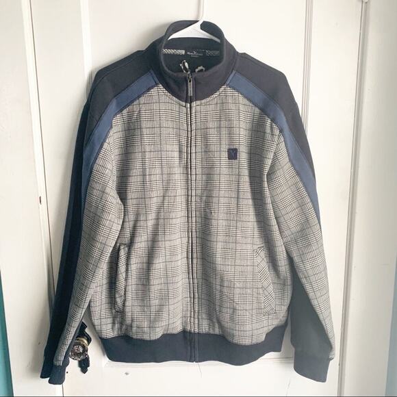 Marc Ecko Cut & Sew Jacket Blue Gray Plaid Stripe Zip Front Racing Stripes Large - Picture 1 of 7